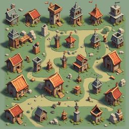 An isometric view of a medieval village features colorful buildings with red roofs, gray and brown walls, and various structures.