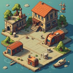 An isometric view of a quaint village scene features buildings with red roofs, trees, boats, and a serene body of water.
