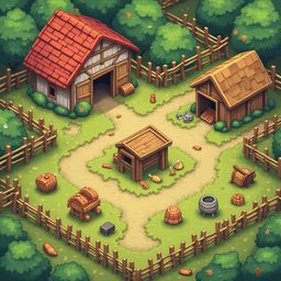 An isometric view of a rural scene features red and white buildings, wooden fences, green trees, and scattered objects.