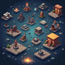 An isometric view of miniature buildings with unique features, set against a dark blue backdrop with scattered lights and a central fire.