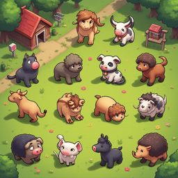 A lively cartoon scene features twelve unique animals in a lush green field, with a red-roofed barn in the background.
