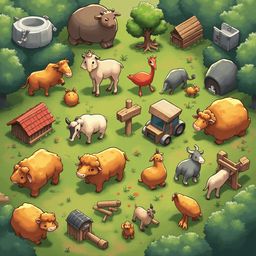A lively farm scene features various animals, including cows, sheep, chickens, and a red rooster, grazing and interacting amidst green grass, trees, and buildings.