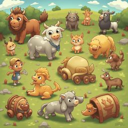 A lively gathering of cartoon animals, including a lion, ox, cow, pig, horse, donkey, and ram, populates a verdant field under a clear blue sky.