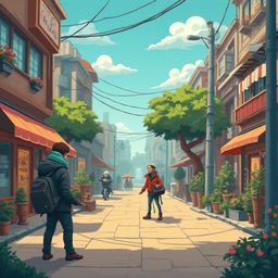 A lively street scene features colorful buildings, potted plants, and people strolling, with a clear blue sky overhead.