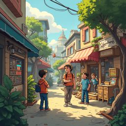 A lively street scene features colorful buildings, shops, and people going about their day, with a clear blue sky overhead.