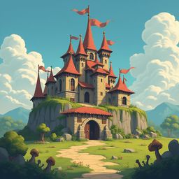 A majestic red-roofed castle sits atop a verdant hill, surrounded by lush greenery and framed by majestic mountains.