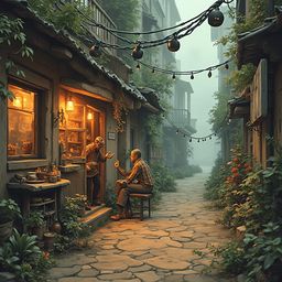 A man and a woman converse in a narrow alleyway, framed by wooden buildings, potted plants, and string lights.