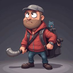 A man in a red jacket, blue jeans, and gray cap holds a large knife, with a small blue animal on his backpack against a gray background.