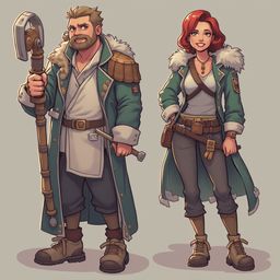 A man in green with gold epaulettes and a woman in green with red hair, both holding staffs, stand against a light gray background.