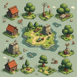 A medieval islet with houses, trees, a moat, and a bridge is surrounded by smaller islands, all set against a green and blue sky.