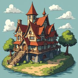 A medieval-style house with red roof and multiple towers sits on a small island, surrounded by blue water and green trees.