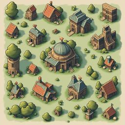 A medieval village features buildings with red roofs, blue domes, and stone walls, surrounded by trees and shrubs.