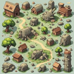 A medieval village features wooden buildings, stone walls, trees, and animals, creating a rustic and charming atmosphere.