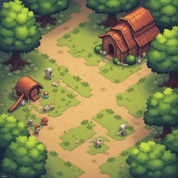 A medieval village scene features a red-roofed wooden building, scattered characters, trees, and grassy areas.