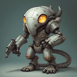 A metallic gray robot with orange eyes, gold accents, and a curved tail holds a gun against a solid gray background.