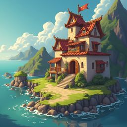 A multi-level red-roofed house sits on a small island, surrounded by turquoise water, green mountains, and a clear blue sky.
