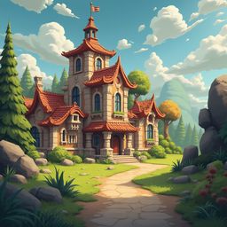 A multi-level red-roofed house with blue windows and a flag stands on a winding stone path, surrounded by greenery, rocks, and a distant mountain.