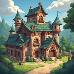 A multi-tiered castle with green roofs and orange walls stands amidst a verdant landscape.