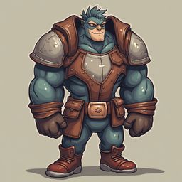A muscular, armored character with spiky blue hair, brown shoulder pads, and a brown leather belt with a gold buckle stands confidently against a light gray background.