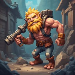 A muscular, bearded character with yellow hair, carrying a large weapon, stands confidently in a rocky, cave-like environment.