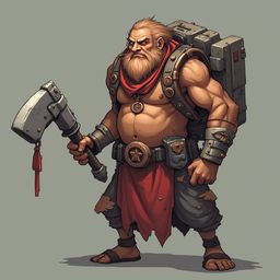 A muscular, bearded man in red tunic and leather armor, armed with a large hammer and backpack, stands confidently against a gray backdrop.