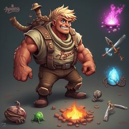 A muscular blonde man in brown attire, holding a sword, stands amidst fantasy-themed objects, including fire, flames, a green creature, and a purple orb.