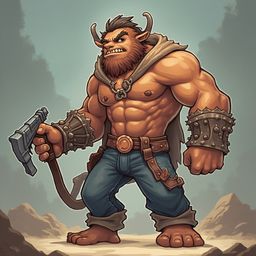 A muscular, horned humanoid character with blue pants and a gold belt stands in a rocky, mountainous terrain, holding a silver gun.
