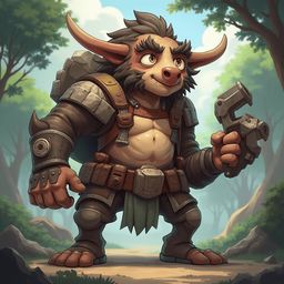 A muscular, horned humanoid character with brown hair, armor, and carrying a backpack and gun stands on a dirt path in a forest.