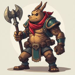 A muscular, horned humanoid character with red scarf, green and gold armor, and wielding an axe stands against a light beige background.