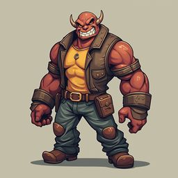 A muscular, horned red-skinned man in a brown leather vest, yellow shirt, and blue pants stands with determination against a light beige background.
