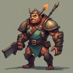 A muscular, horned warrior in green tunic and armor wields a sword and staff, exuding determination against a plain gray backdrop.