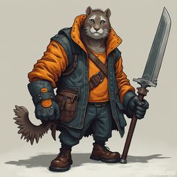 A muscular humanoid character, dressed in orange and blue, stands in a ready stance, wielding a large sword.