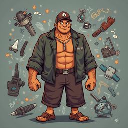 A muscular man in a green jacket, red cap, and brown shorts stands amidst a chaotic array of objects, including tools, machinery, and electronic devices.