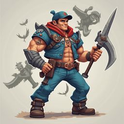 A muscular man in blue outfit, red cap, and holding dagger and axe, stands with determination amidst gray winged creatures.