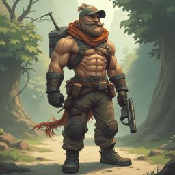 A muscular man in green camouflage, carrying a rifle and backpack, stands in a forest, exuding confidence and readiness.