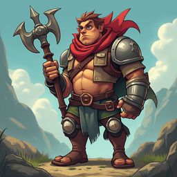 A muscular man in red scarf, brown leather, and metal armor stands on a rocky outcropping, holding a three-bladed axe against a backdrop of mountains and a blue sky.