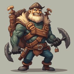 A muscular man with a white beard, brown hat, and backpack of tools and equipment, grips axes and wears a determined expression.