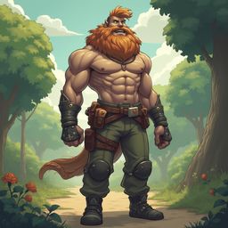 A muscular man with an orange beard, brown belt, and green pants stands on a forest path, hands on hips, facing the viewer amidst red flowers.
