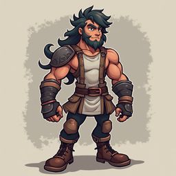 A muscular man with green hair, beard, and mustache wears brown leather armor, beige tunic, and boots, standing confidently with a serious expression.