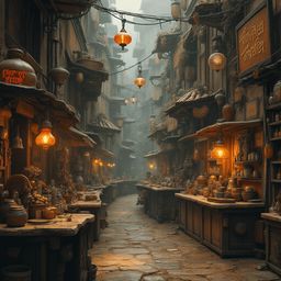 A narrow, cobblestone street lined with wooden stalls and hanging lanterns in a traditional Chinese market.