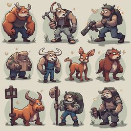 Nine anthropomorphic animals, each with unique poses and accessories, stand against a light green backdrop.