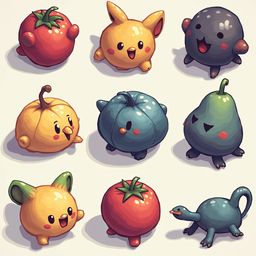 Nine anthropomorphic fruits and vegetables, each with a unique color and expression, appear in a vibrant arrangement.