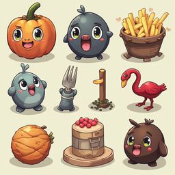 Nine anthropomorphic fruits and vegetables, each with a unique expression, appear in a grid-like arrangement.