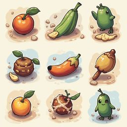 Nine anthropomorphic fruits and vegetables, each with unique characteristics and appearances, are arranged in a three-by-three grid.