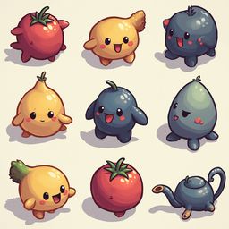 Nine anthropomorphic fruits and vegetables, each with a unique color and expression, appear cheerful and friendly.