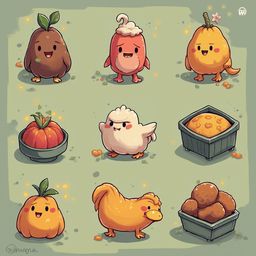 Nine anthropomorphic fruits and vegetables, each with a unique appearance and expression, appear in a vibrant, cartoon-like arrangement.