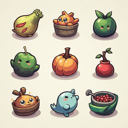 Nine anthropomorphic fruits and vegetables, each with unique features and expressions, appear in a vibrant arrangement.