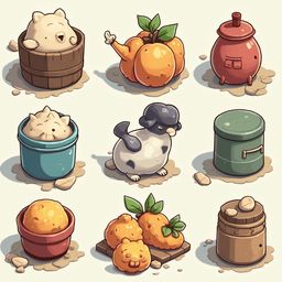 Nine anthropomorphic objects, including a bear, pumpkin, pot, bird, bucket, ball, oranges, pot, jar, and pot, populate a grid.