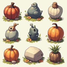 Nine anthropomorphic pumpkins and gourds in various colors and shapes are arranged in a three-by-three grid on grassy patches.