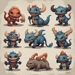 Nine blue, horned creatures with varying expressions and poses are arranged in a 3x3 grid against a light beige backdrop.